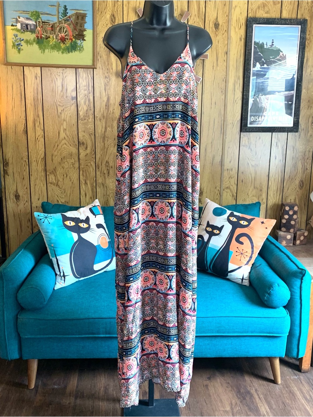 Xhilaration Boho Abstract Aztec Patterned Spaghetti-Strap Maxi Dress